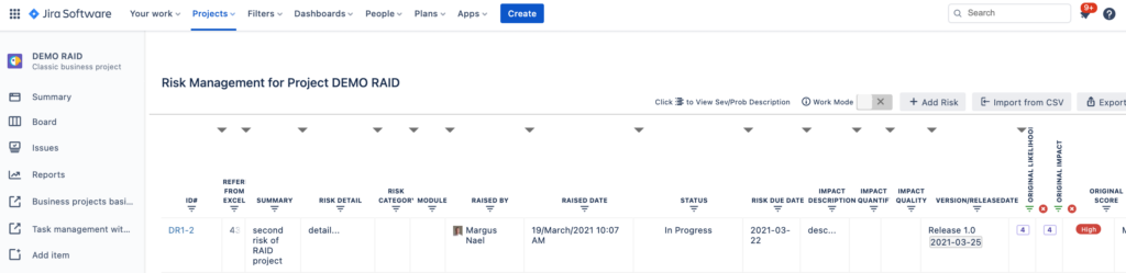 Filtered risk table of SoftComply Risk Manager app in Jira
